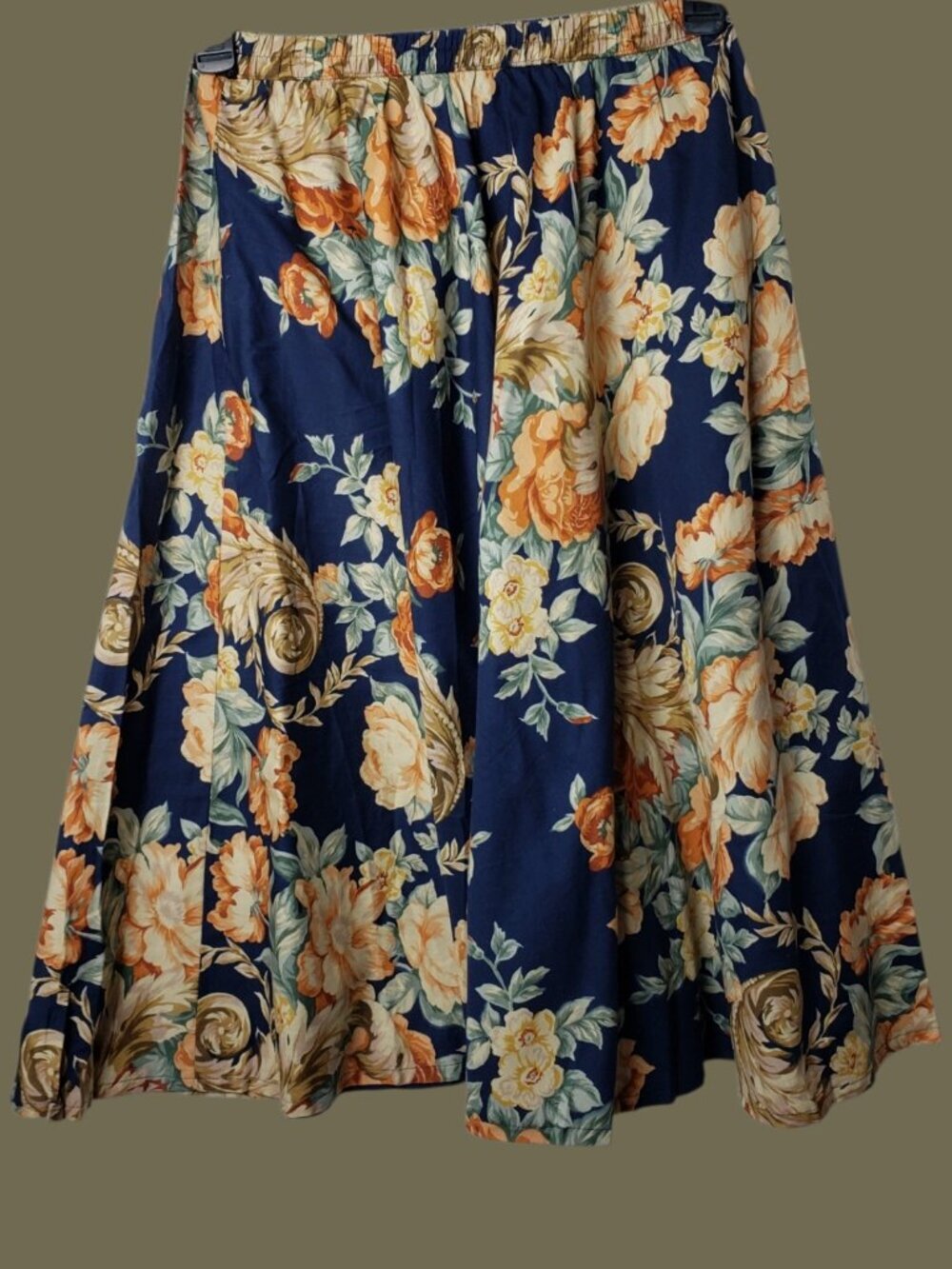 Vintage Floral Print Elastic Waist Midi Skirt In Navy & Orange One Size - Picture 3 of 10